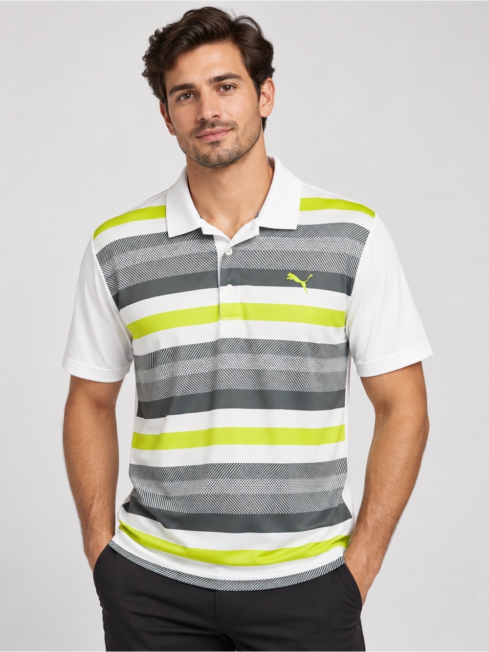 Puma Men’s Medium Striped Performance Polo Shirt White Grey Neon Lime